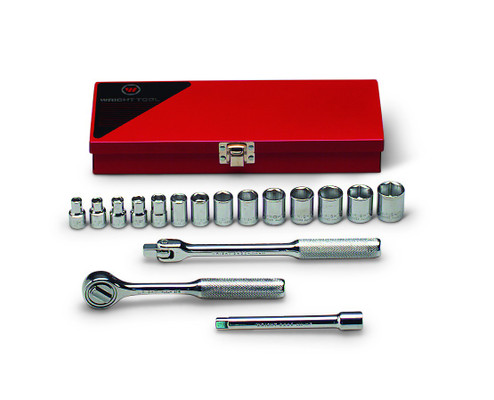 Wright tool 366, 3/8" Drive 17 Piece Metal Boxed Set - 6 Point Standard Metric Sockets, 6mm - 19mm, Ratchet, Flex Handle, 6" Extension_main