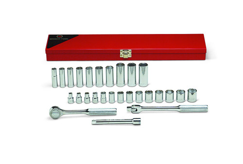 Wright tool 377, 3/8" Drive 27 Piece Metal Boxed Set - 6 Point Standard & Deep Metric Sockets, 6mm - 19mm, Ratchet, Flex Handle, 6" Extension_main