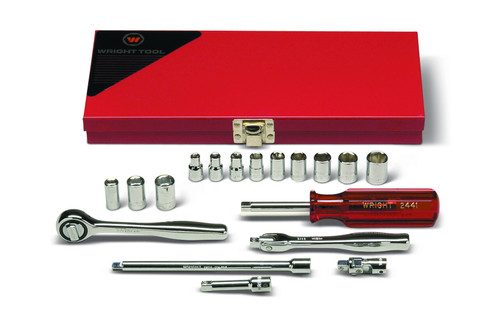 Wright tool 218, 1/4" Drive 18 Piece Metal Boxed Set - 6 Point Standard Sockets 3/16" - 1/2", 8 Point Standard Sockets, 1/4" - 3/8", Ratchet, Flex Handle, Spinner, 2", 6" Extensions, Universal_main