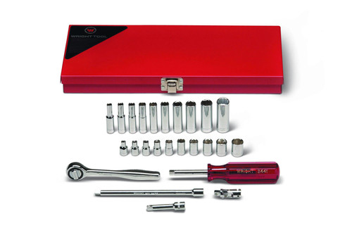 Wright tool 223, 1/4" Drive 25 Piece Metal Boxed Set - 6 Point Standard Sockets 5/32" - 1/2", 6 Point Deep Sockets 3/16" - 1/2", 12 Pt Deep Socket 9/16", Ratchet, Spinner, Universal, 2" & 6" Extensions_main