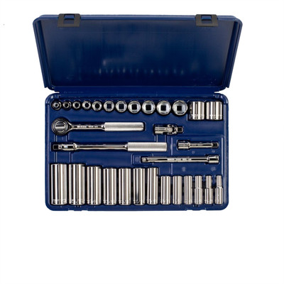Wright tool 339-MC, 3/8" Drive 31 Piece Blow Molded Case Set - 6 Point Standard & Deep Sockets, 1/4" - 1", Ratchet, Flex Handle, 3", 6" Extensions, Universal_main