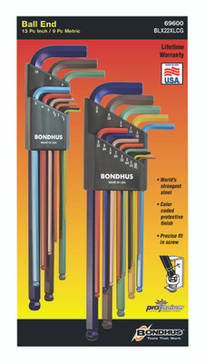 Bondhus 69600, Set 22 ColorGuard Ball End L-Wrenches IN/MM XL Double Pack - 69637 (.050-3/8") + 69699 (1.5-10mm)_main