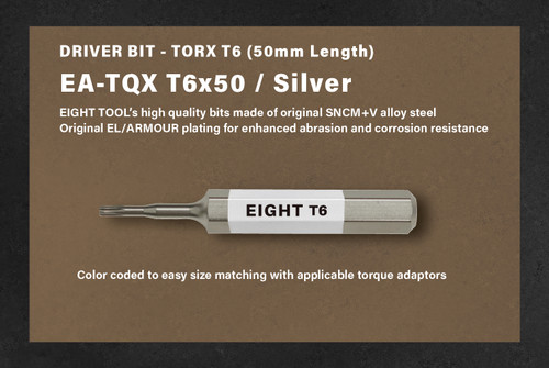 Eight Tool EA-TQX T6x50, Torx Bit For Torque Control Adaptor- T6 50mm Length / Sliver