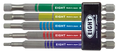 Eight Tool EA-610C-5S100, Ex-Impact High Impact Hex Bit 6.35mm Shank 9mm Groove Color Coded Set - 5Pc 2.5-6mm X 100mm Oal_main