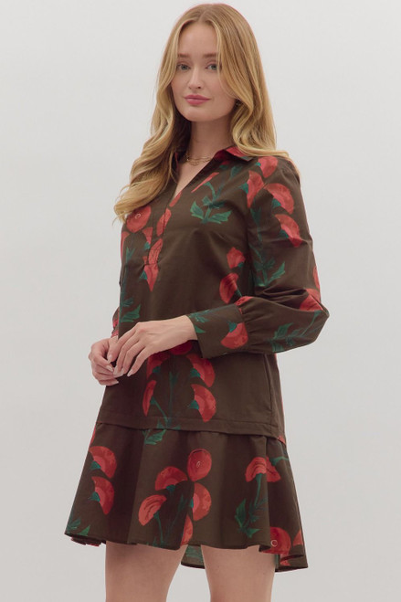 Floral print long sleeve mini dress featuring split V-neck and button cuffs. Lined. Woven. Non-sheer. Lightweight.