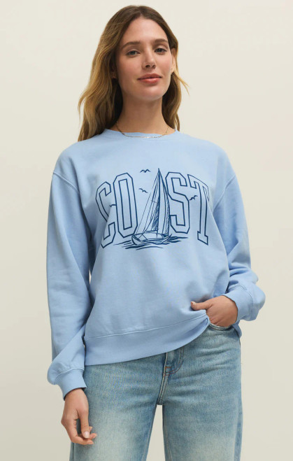 We love this crewneck sweatshirt for its relaxed fit, soft brushed interior, and vintage-inspired “Coast” graphic. Pair with white or blue denim for an effortless look.

Relaxed fit
Brushed Fleece: 100% Cotton
Crew neck
Long sleeve
Midweight
Reactive dye/enzyme wash