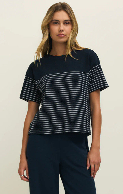 This striped top features a textured knit blend in a relaxed silhouette. 

Regular fit
Textured Knit: 60% Cotton, 38% Polyester, 2% Spandex
Crew neck
Short sleeve
Lightweight
Heavy soft wash
Machine Wash Cold, Gentle Cycle, Hang to Dry