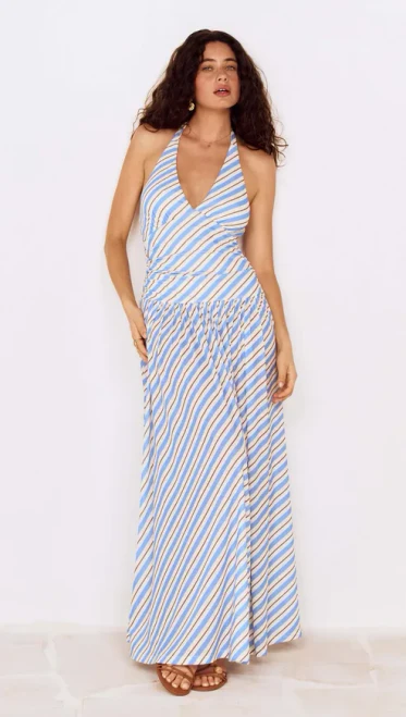 The Sancia Mesh Halter Dress is a bold yet effortless piece designed to elevate your day-to-night wardrobe. Crafted in a soft stretch mesh with an all-over stripe print, it features flattering ruching through the waist that contours the body. The sleeveless silhouette keeps the look fresh and modern, making it perfect for warm evenings, events or weekend styling.