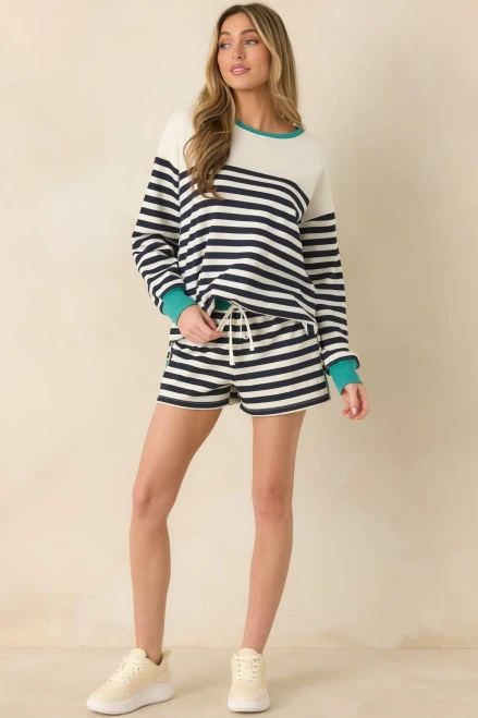 Navy Cotton Blend Layer Up Stripe Sweatshirt -60% cotton & 40% polyester.
