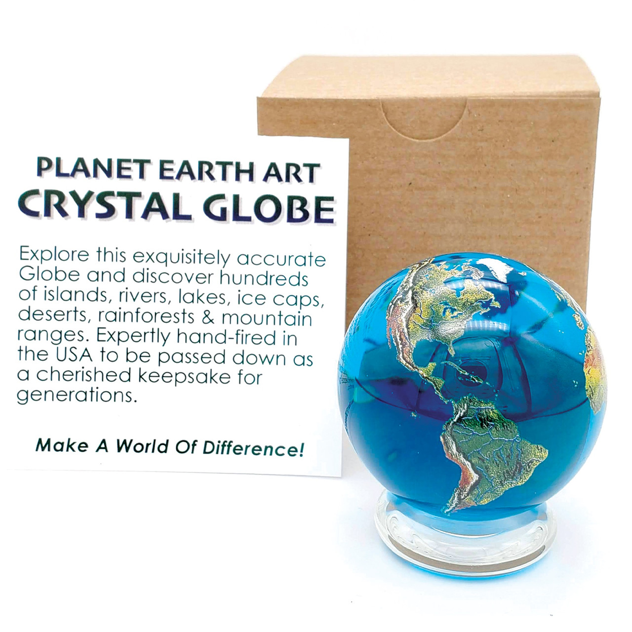 Crystal Earth Globe in Natural Aqua with Stand - 2 Inch Diameter