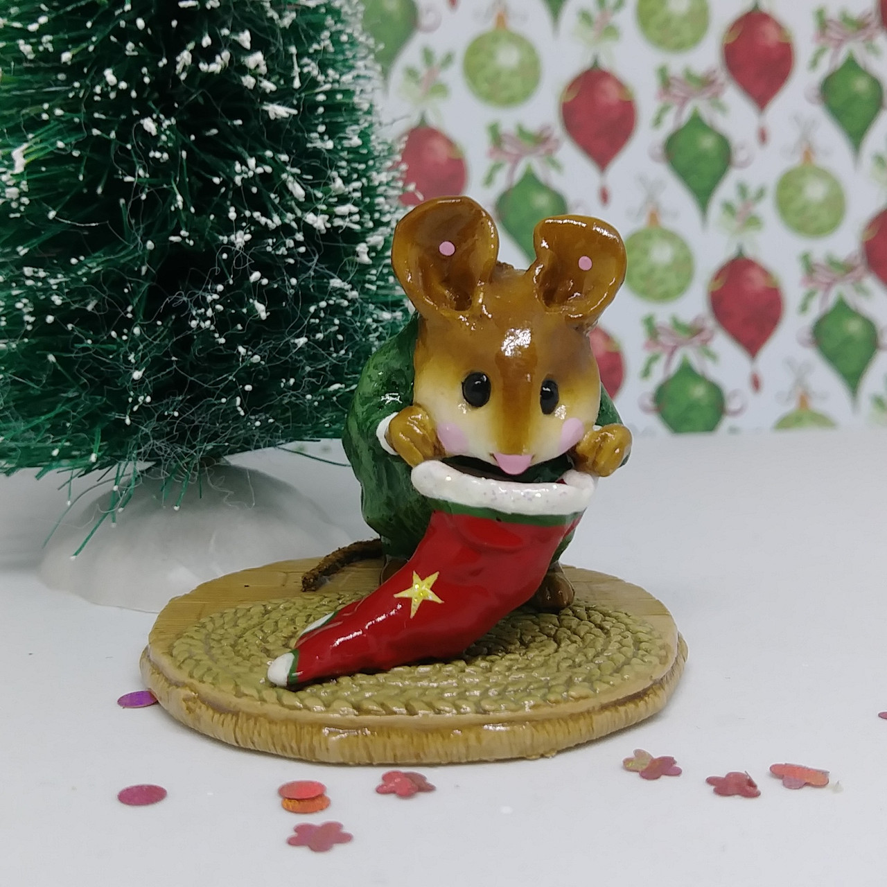Wee Forest Folk Miniatures M-142 - Chris-Mouse Stocking (Green/Red 