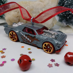 Die Cast Car Ornament in Metallic Grey with Football Graphics Die Cast Car Ornament in Metallic Grey with Football Graphics