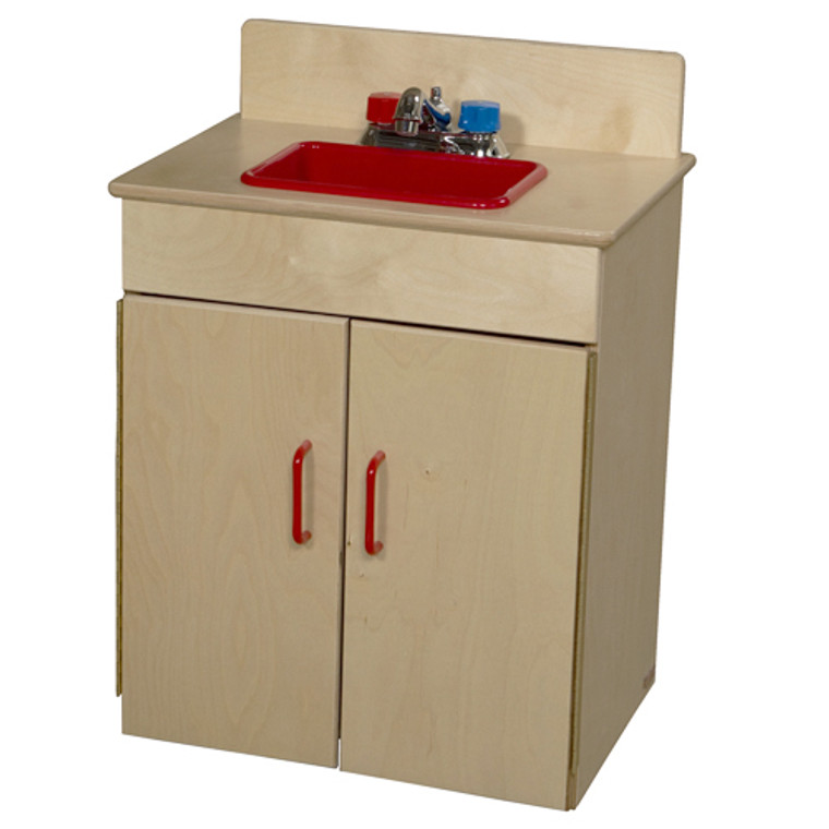 Classic Wooden Play Sink with Red Handles and Sink