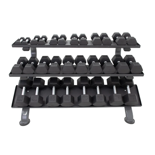 TKO 5-75 lb. Tri-Grip Rubber Hex Dumbbell Set w/ Horizontal Rack