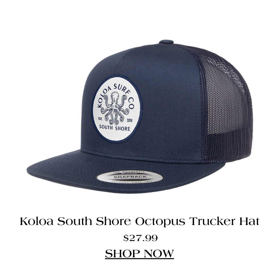 Koloa South Shore Octopus Trucker Hat: Channel ocean vibes with this iconic design, perfect for surfers and beach enthusiasts.