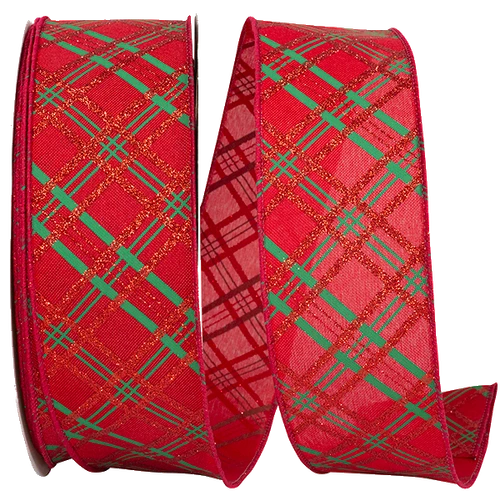 Glitter Fine Line Holiday Plaid Linen Wired Edge Ribbon - 50 Yards