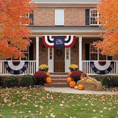 USA Flag Bunting and American Flag on Home