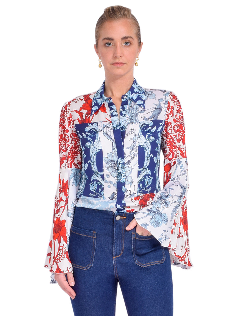 ALICE + OLIVIA Willa Fitted Placket Bell Sleeve Top in Je L'adore