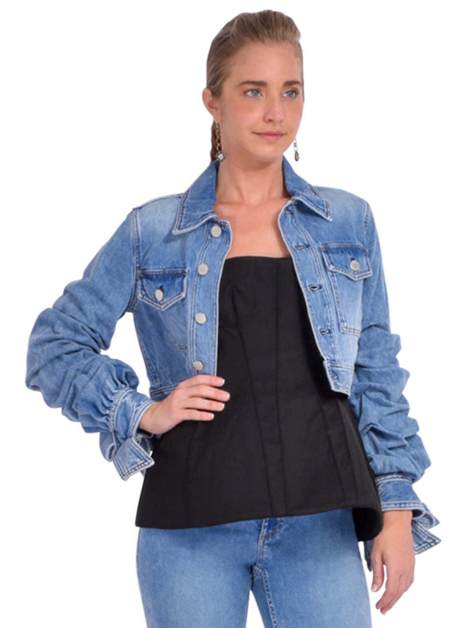 ALICE + OLIVIA Tiff Denim Jacket with Bow Sleeves in Vintage Blue