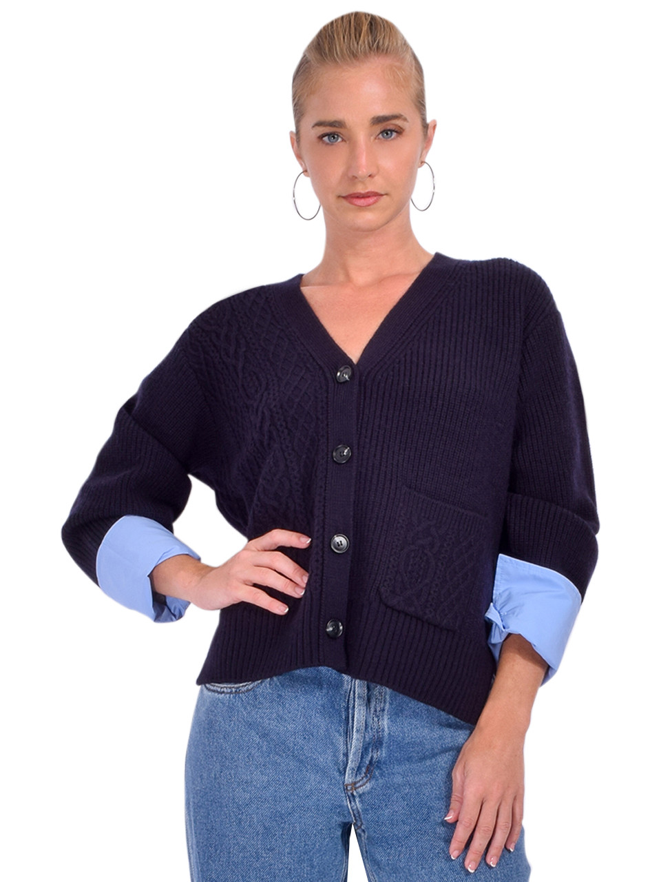 3.1 Phillip Lim Cable Mix Boyfriend Cardigan In Midnight