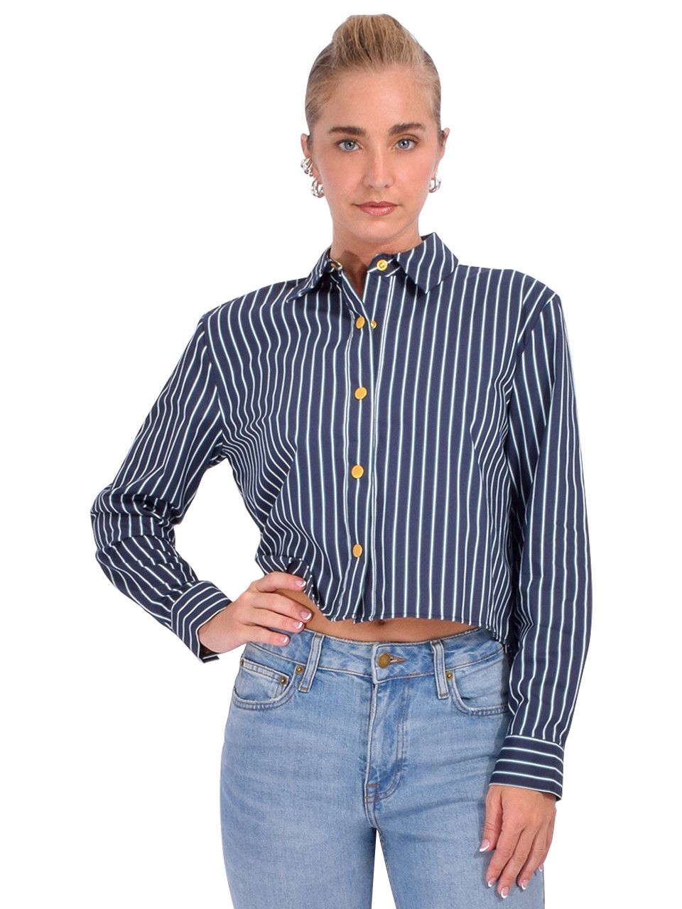 L'AGENCE Cosette Shirt in Midnight/ Bottle Green Stripe