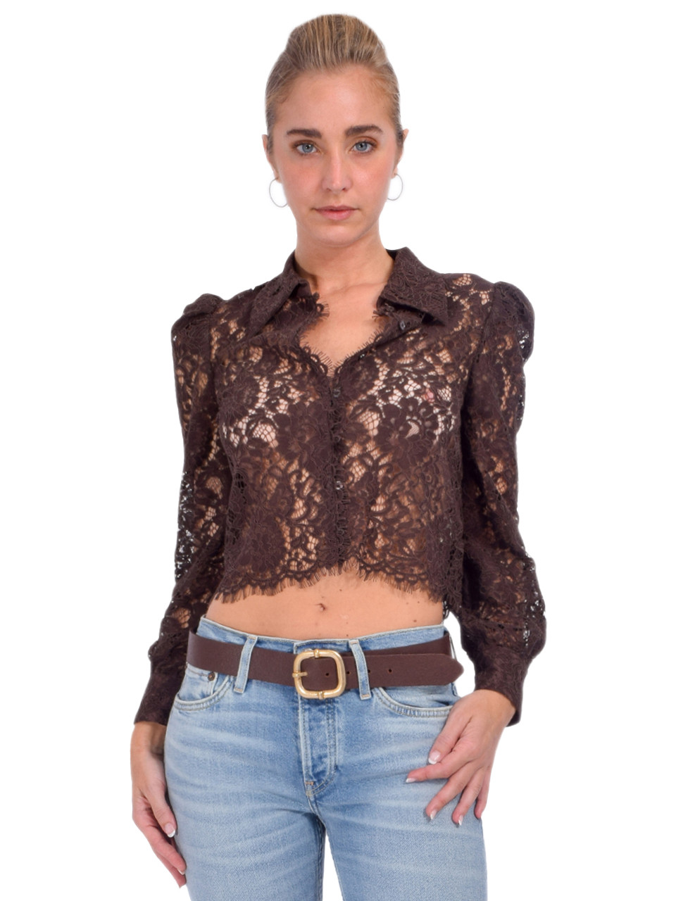 L'AGENCE Anita Lace Button Down Blouse in Dark Brown