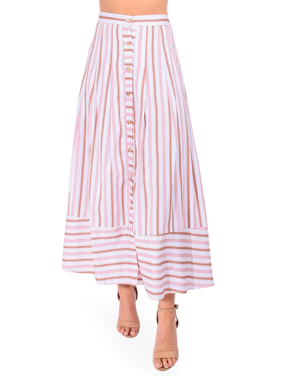 KARINA GRIMALDI Spencer Striped Midi Skirt in Pink Multi Stripe