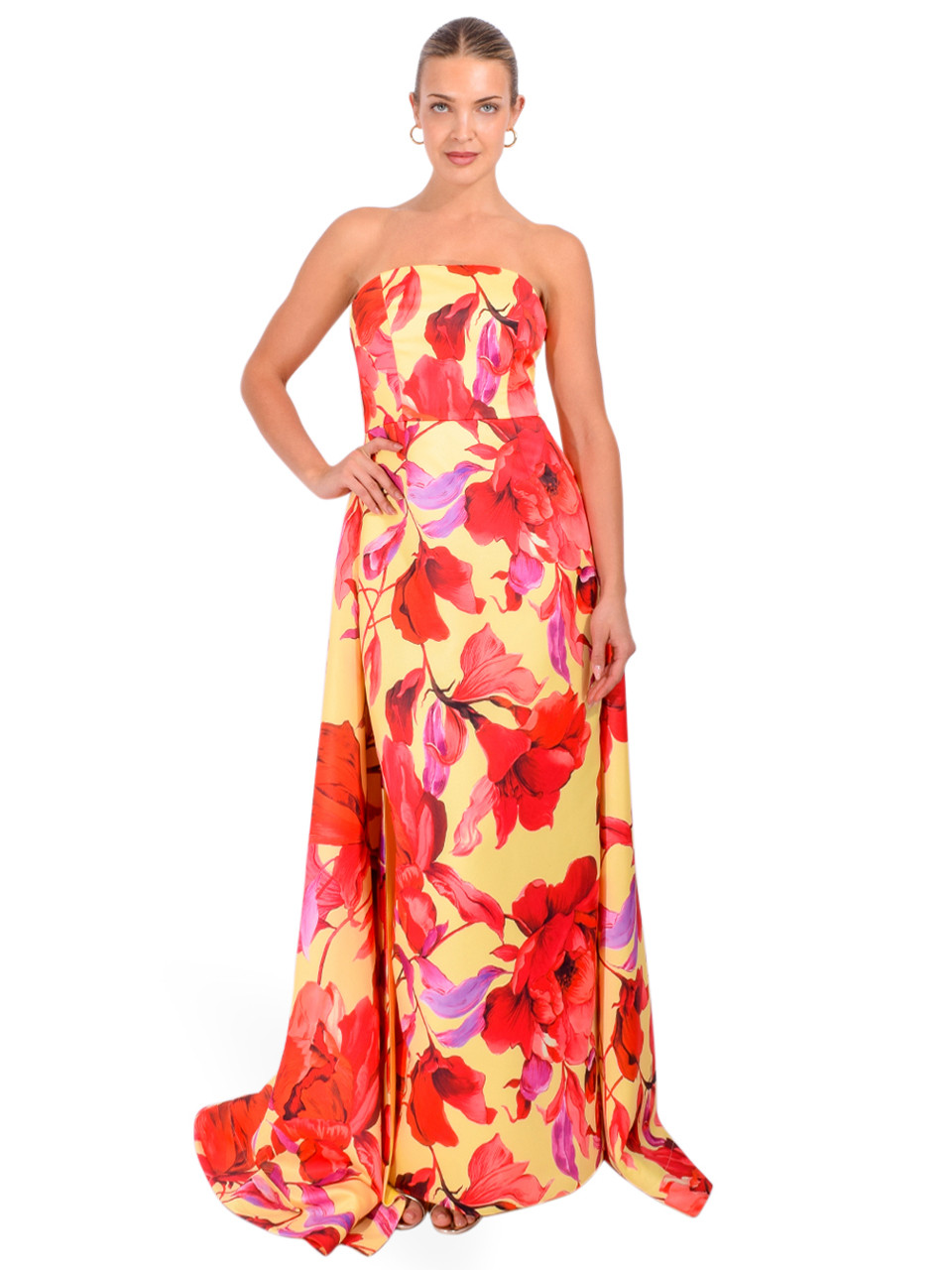 MILLY Dorothy Printed Taffeta Dress in Lemon/Red, Women's Designer Gown,  Women's Designer Maxi Dress, Women's Yellow Dress, Women's Floral Gown,  Women's Red Floral Dress