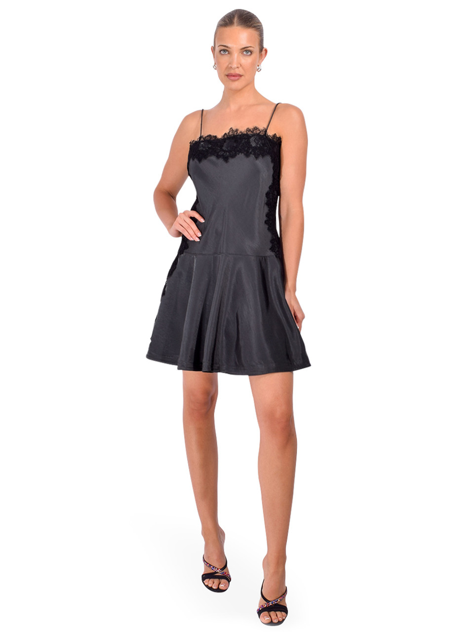 Lace-Trim Cami Mini Dress in Black, Women's Designer Mini Dress
