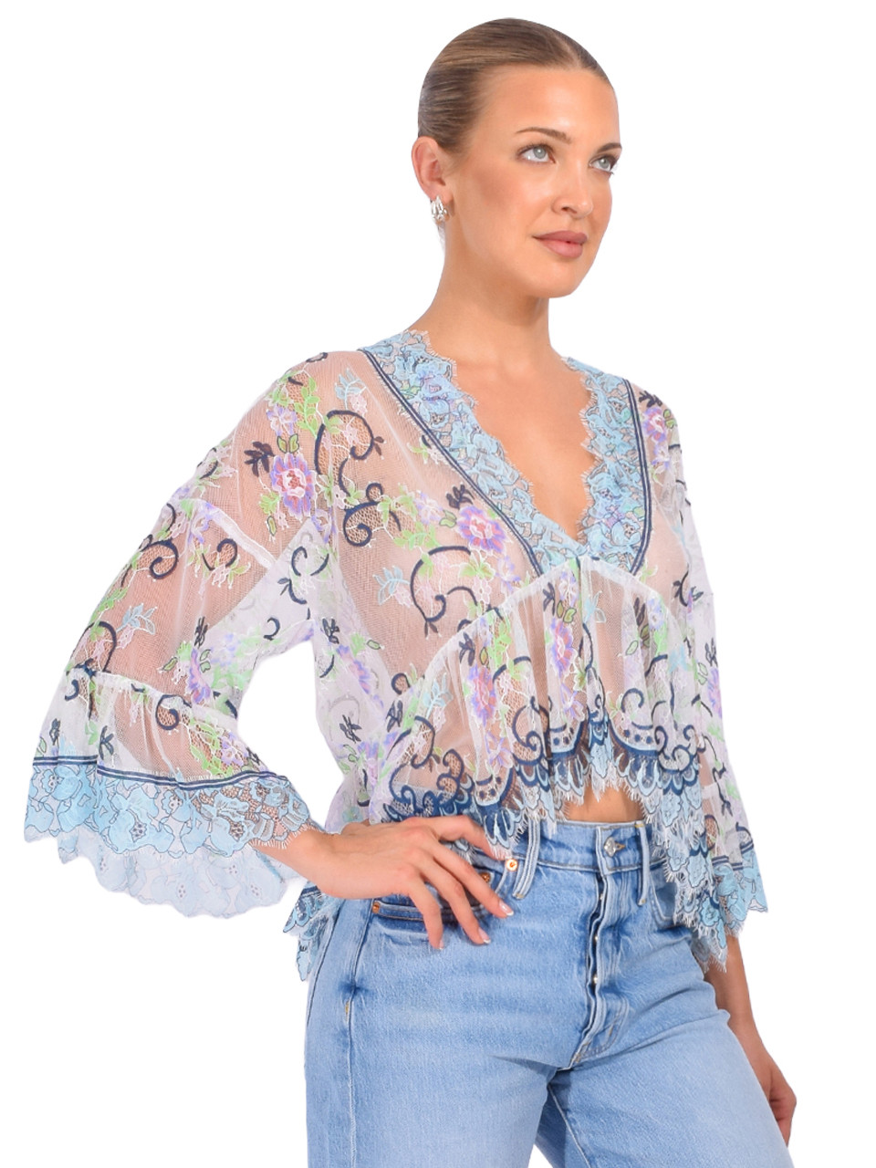 ANNA SUI Lady Chatterley's Lace V-Neck Top in Denim Multi, Women's