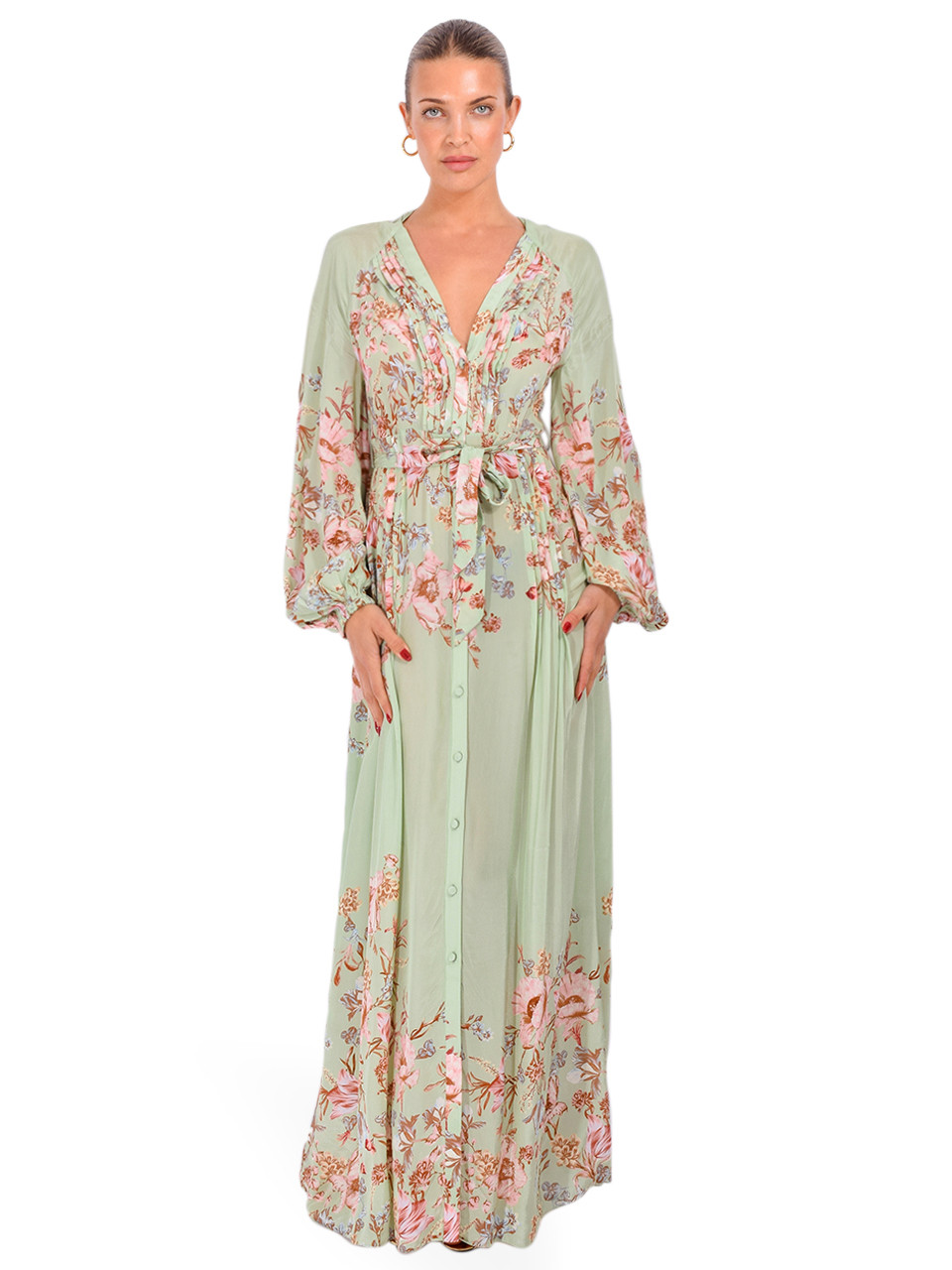 HEMANT & NANDITA Ezra Crepe Pintuck Maxi Dress in Green, Women's