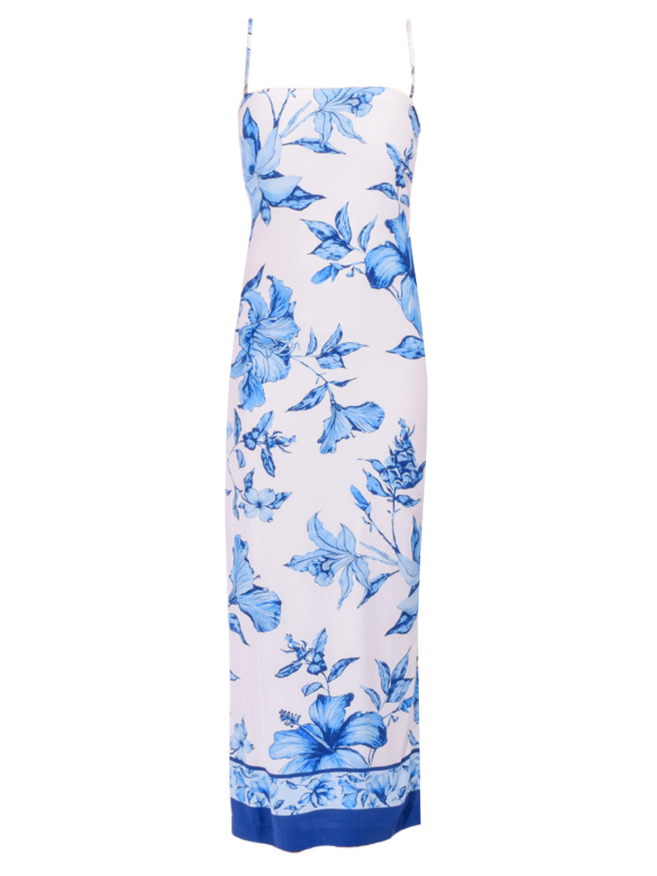 ROCOCO SAND Milo Strappy Midi Dress in White/Blue, Women's Designer Midi Dress, Women's Blue Midi Dress, Women's Blue Floral Midi Dress, Women's Pencil Dress