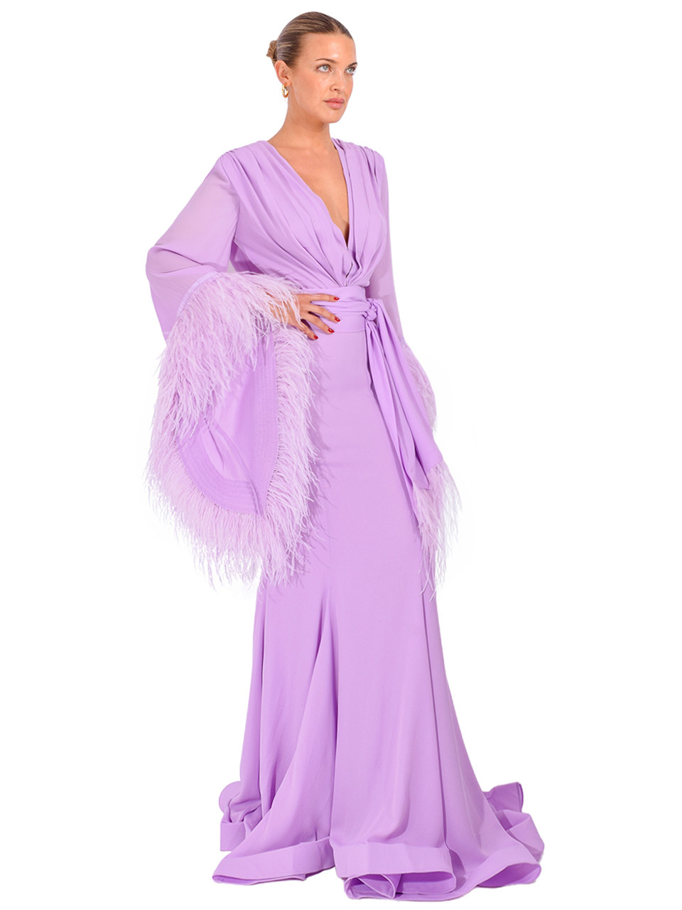 geisha designs pleated cape v neck maxi dress BRONX & BANCO in Lilac, Women's Designer Gown, Women's Purple Gown, Women's Feather Trim Gown, Women's Purple Feather Gown, Women's Robe Gown, Women's Purple Robe Gown mesh details Chunky Blue Cheese Dip color:Celadon sheer long sleeves heavily Chiffon maxi