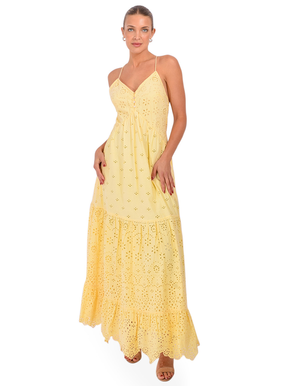 yellow label dresses MELANI THE Women's DANIELA Our beautiful Yvonne Dress has a decorative embroidered eyelet pattern placed throughout the silhouette Runaway the Label Dresses |