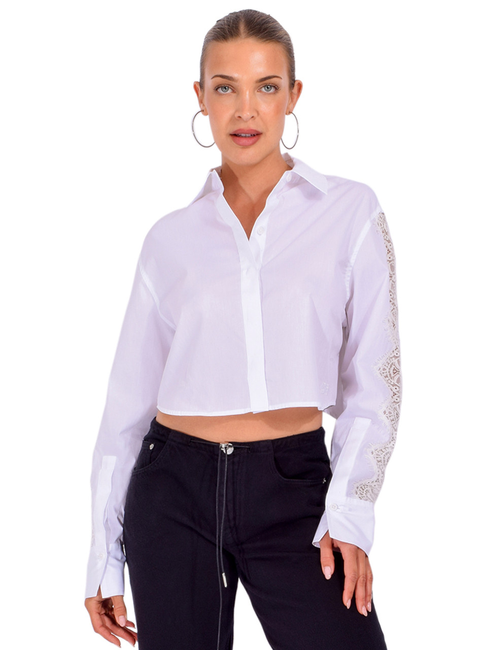 SIMKHAI Renata Cropped Shirt with Lace Detail in White, Women's