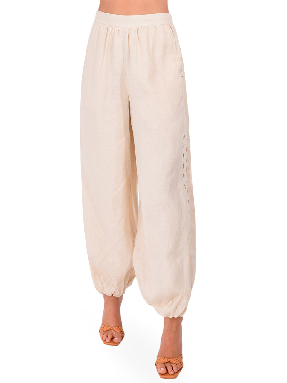 SIMKHAI Selah Linen Lace Balloon Pant in Sand, Women's Designer