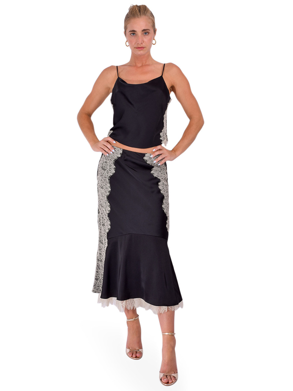 cami BLACK DESIGN  葉月 ① CINQ À SEPT Esme Satin Lace Petit Cami in Black/ Gardenia, Satin