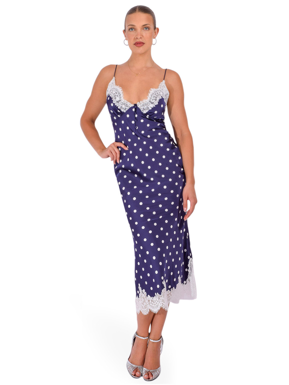 blue satin polka dot dress SELF-PORTRAIT Midi in Navy, Women's Designer Midi Dress, Women's Midi Dress, Women's Polka Dot Midi Dress, Women's Blue Polka Dot Midi Dress, Women's Lace Midi Dress, Women's Blue Lace Short Sleeves april-launch Waist 34cm Color:Royal Silver