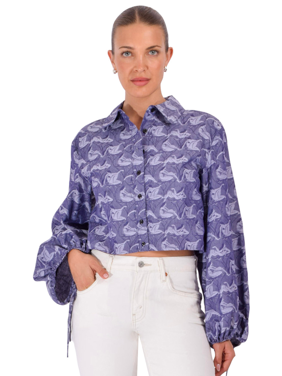 FLEUR DU MAL Gio Jacquard Crop Shirt in Navy Fleur Muse, Women's