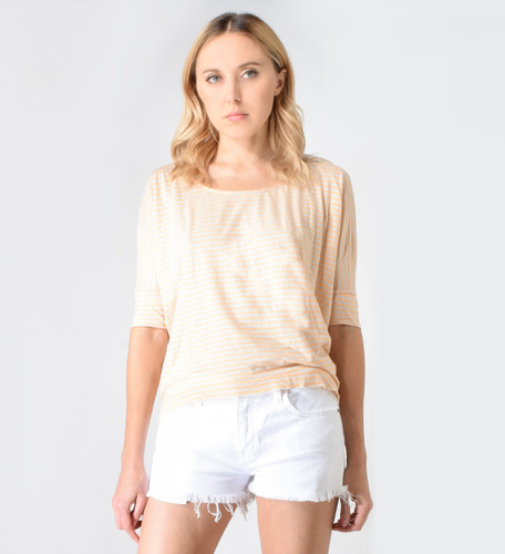 Humanoid Noor Striped T-Shirt in Gray and Orange Close Up Front View 