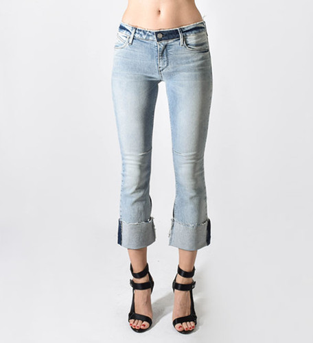 RtA Duchess Cuffed Flare Jeans in Trail Blue Close Up Front View 