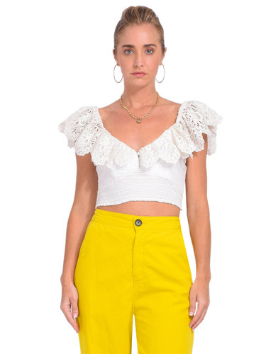 Alice + Olivia Bleeker Embroidered Smock Crop Top in White Front View 