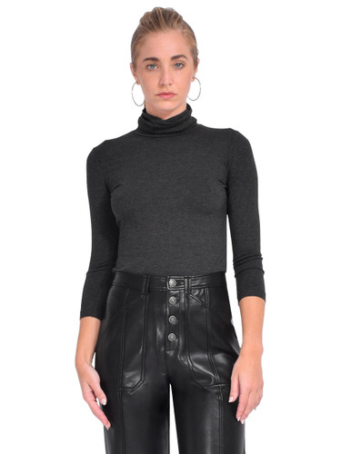L'AGENCE Aja Turtleneck Top in Dark Heather Gray Front View 
