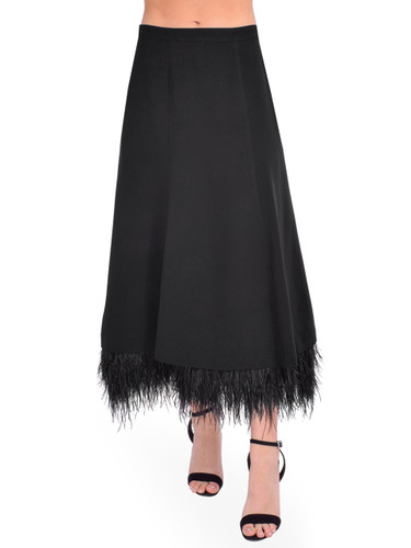 Cinq à Sept Ryleigh Feather Trim Midi Skirt in Black Front View 