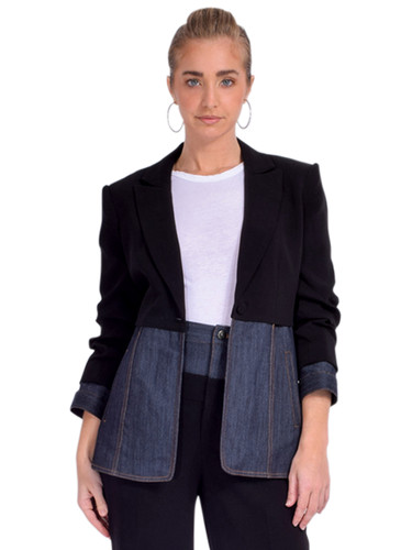 Cinq a Sept Dionne Mixed Media Blazer in Black/ Indigo Front View 