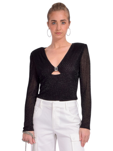 SELF-PORTRAIT Beaded Mesh Top in Black Front View 