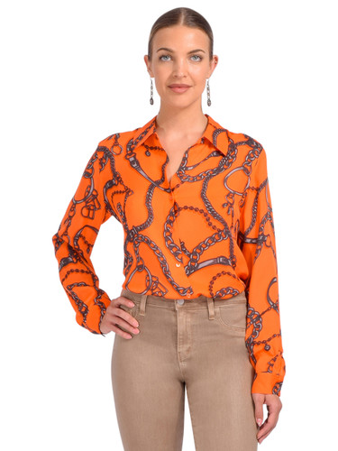 L'Agence Nina Button-front Silk Blouse In Orange Buckle Chain Front View 