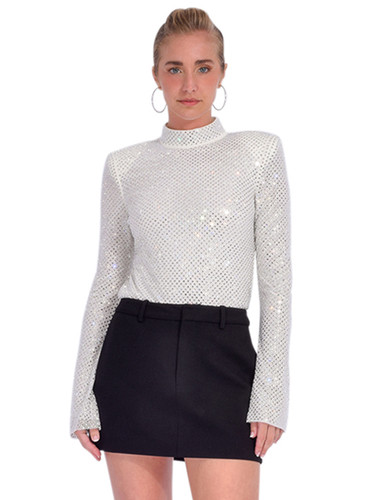 Self-Portrait Silver Rhinestone Fishnet Top Front View