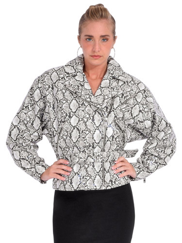 LAMARQUE Sheila Faux Leather Biker Jacket in Python Gray Front View 