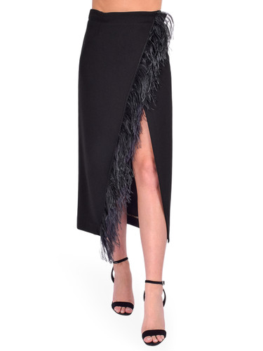 5 PROGRESS Feather Trim Midi Skirt in Black Front View 